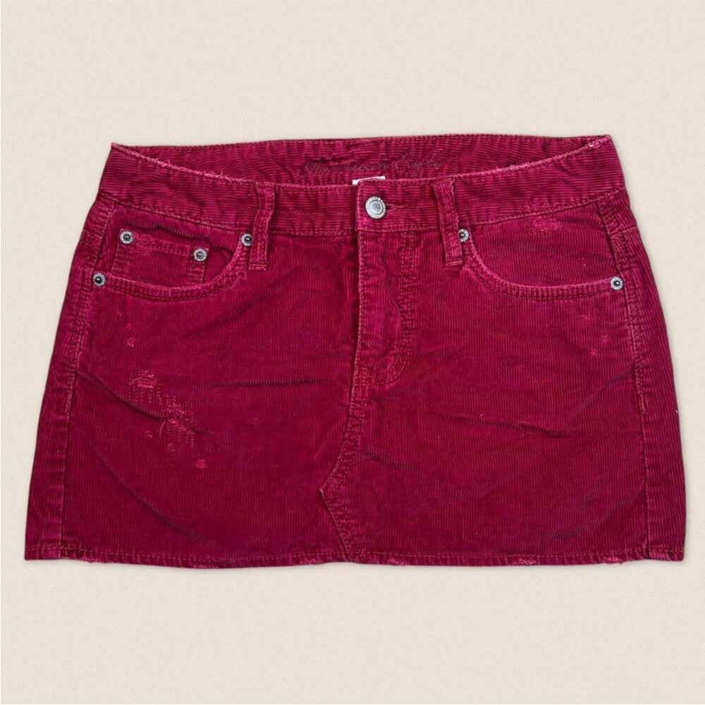 Y2K American Eagle Burgundy Corduroy Distressed Mini Skirt Size 0
